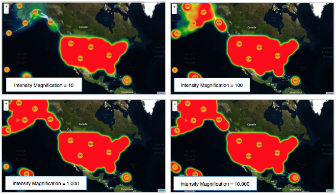 comparison of intensity magnifications on mapbox maps