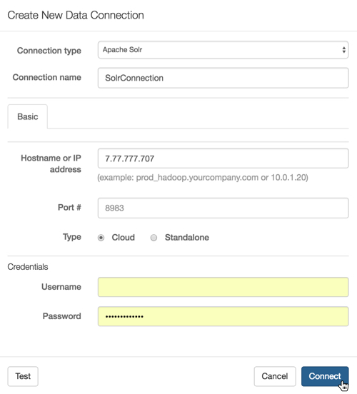 Create New Data Connection Modal Window: Solr