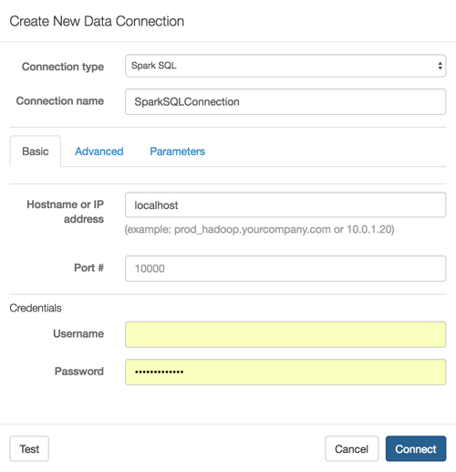 Create New Data Connection Modal Window: Spark SQL
