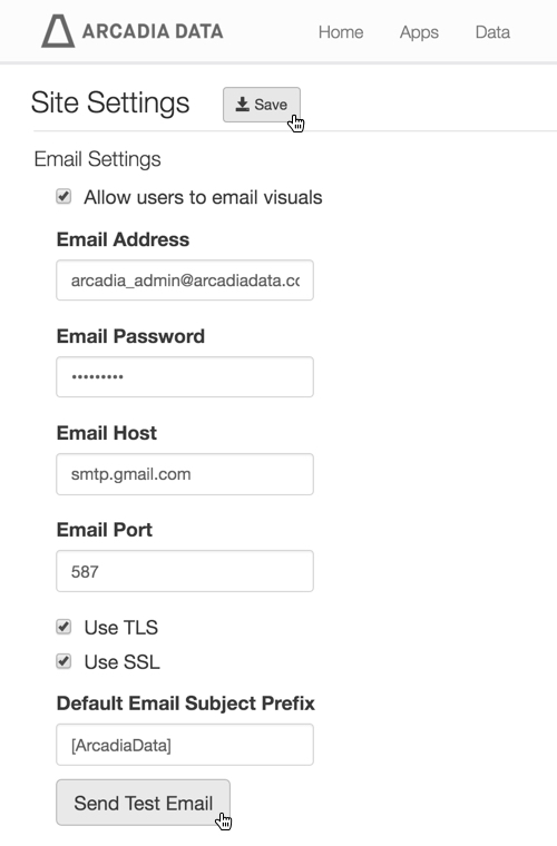 Site Settings Interface, with Save button (active), checkbox to Enable Email (active), and other email options