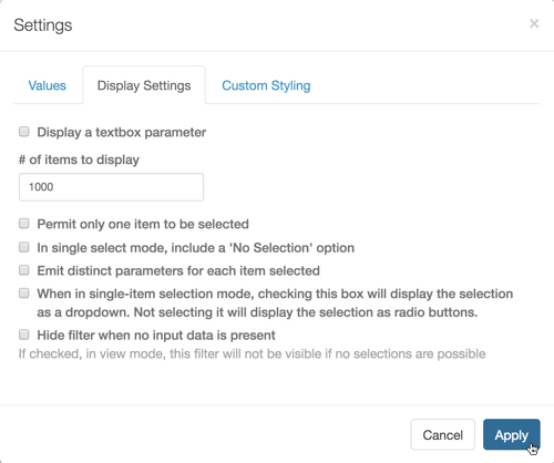 Display Settings for a Multi-Select Filter