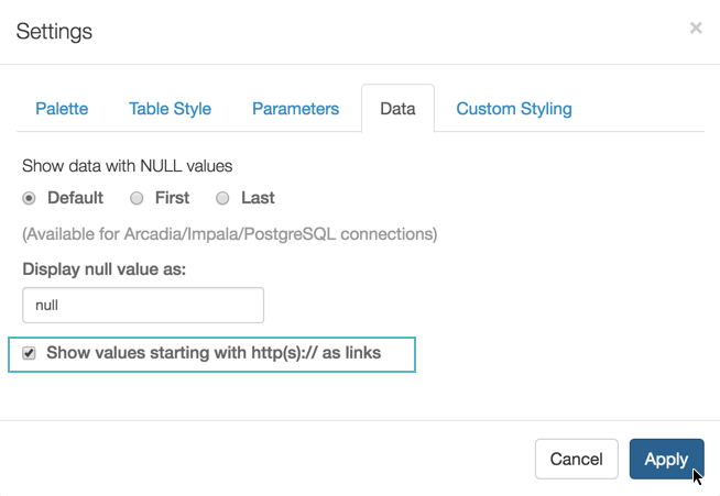 Settings modal for table, open on Data tab; checkbox for 'Show values starting with http(s)://as links' (active)