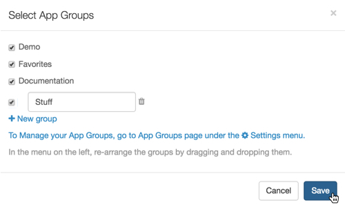 Creating a New App Group in Select App Groups Modal Window