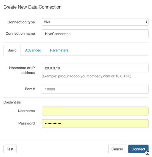 Create New Data Connection Modal Window: Hive