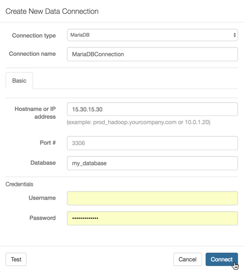 Create New Data Connection Modal Window: MariaDB