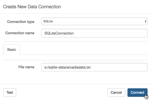 Create New Data Connection Modal Window: SQLite