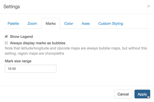 Settings modal for map, open on Marks tab; checkbox for 'Show Legend' (active), checkbox for 'Always display marks as bubbles', textbox for 'Mark size range' set to '10-50', Cancel button, and Apply button (active)