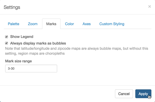 Settings modal for map, open on Marks tab; checkbox for 'Show Legend' (active), checkbox for 'Always display marks as bubbles' (active), textbox 'Mark size range' set to '3-30', Cancel button, and Apply button (active)