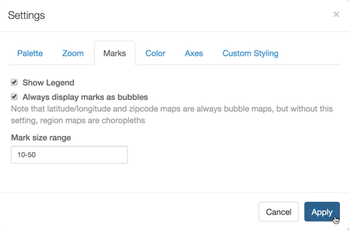 Settings modal for map, open on Marks tab; checkbox for 'Show Legend' (active), checkbox for 'Always display marks as bubbles' (active), textbox 'Mark size range' set to '10-50', Cancel button, and Apply button (active)