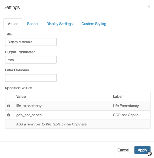 Configuring Values Settings for the Optional Measure
