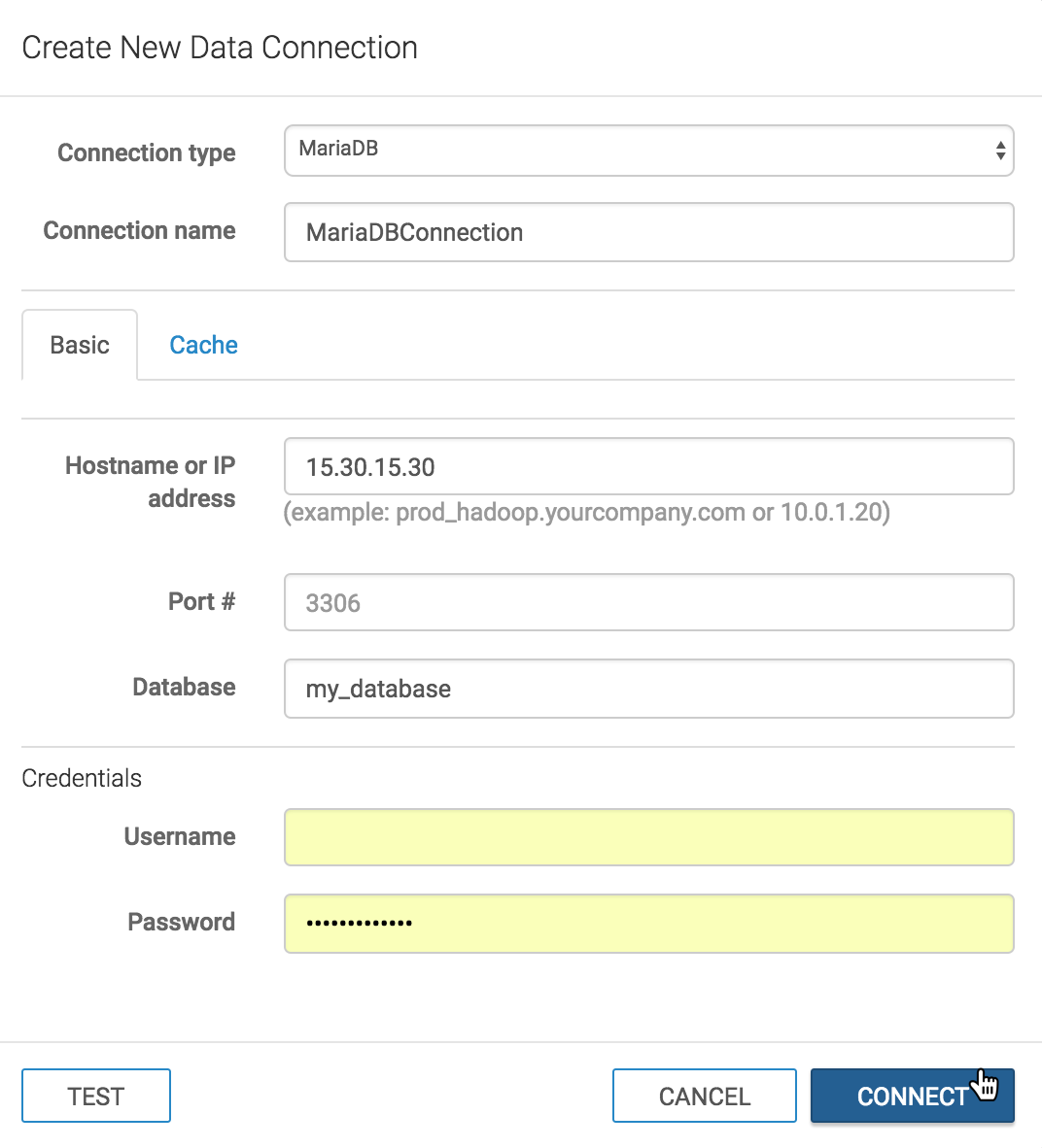 Create New Data Connection Modal Window: MariaDB