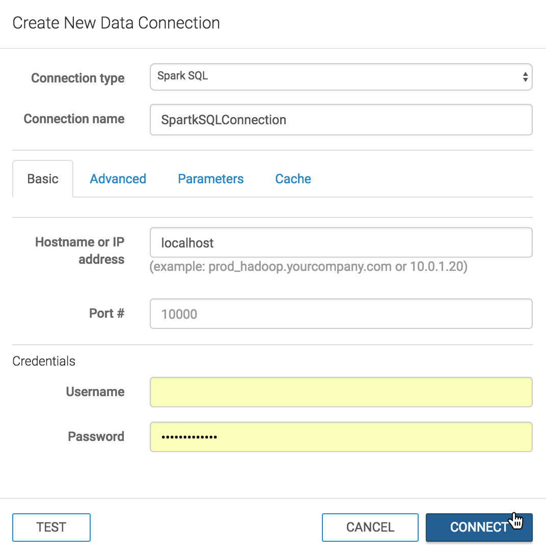 Create New Data Connection Modal Window: Spark SQL