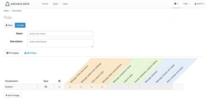 Roles page, role definition, nothing clicked