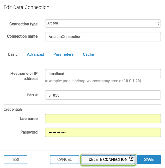 Edit data connection window modal, to delete