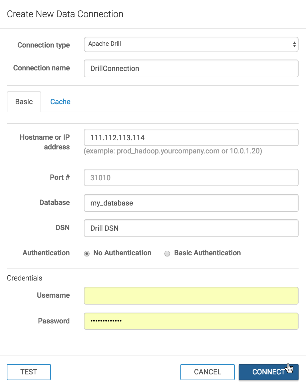 Create New Data Connection Modal Window: Apache drill