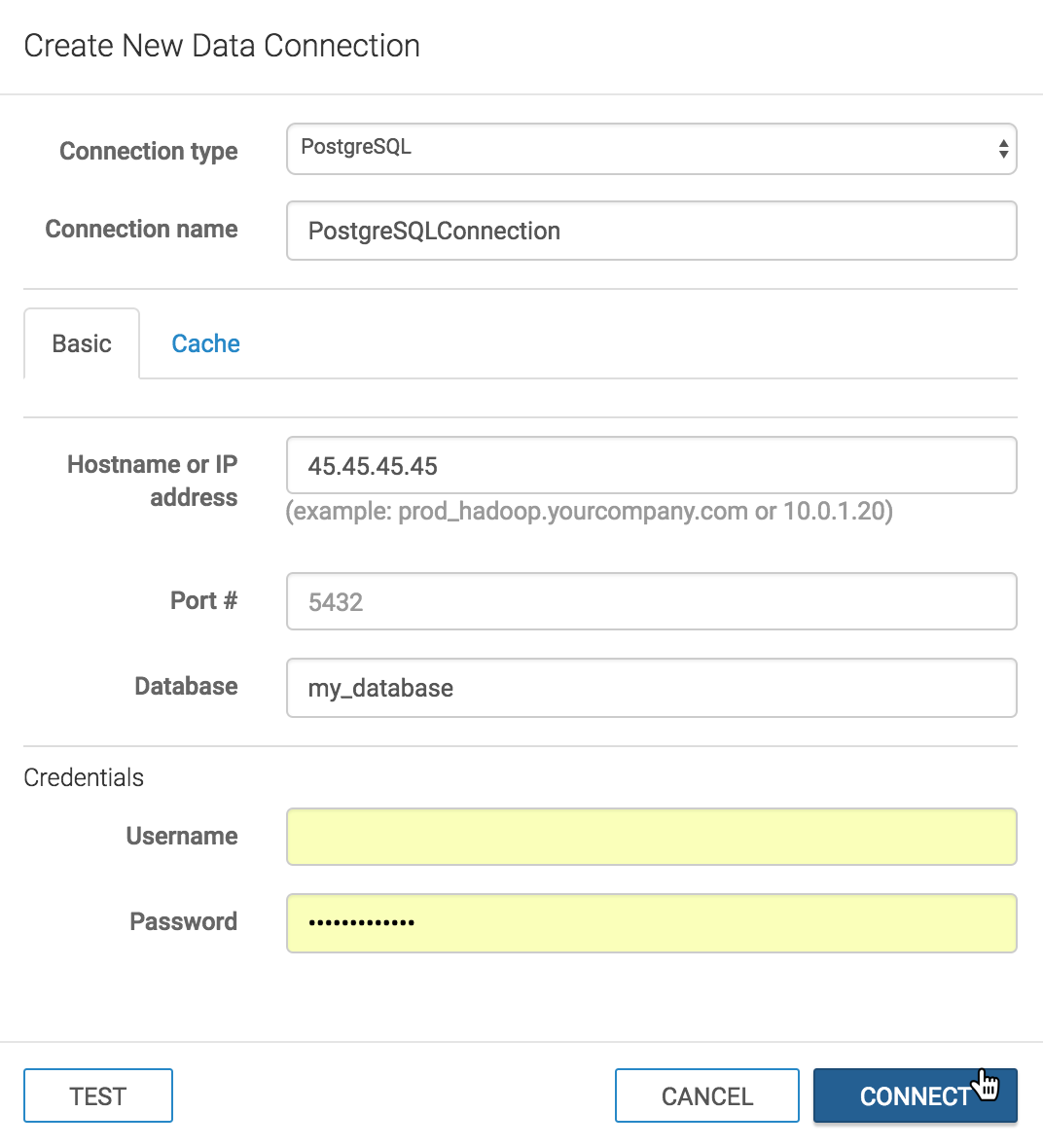 Create New Data Connection Modal Window: PostgreSQL