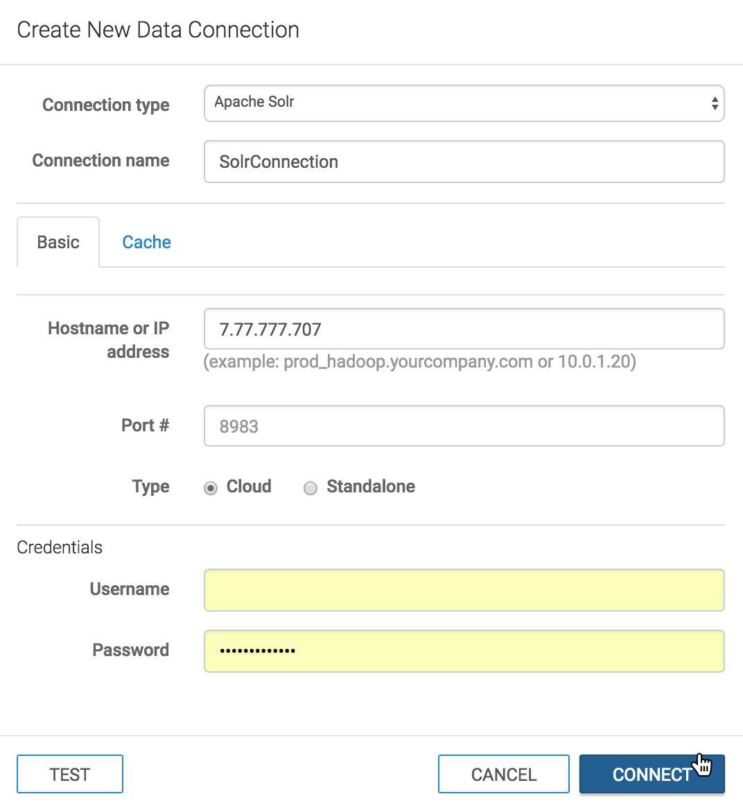 Create New Data Connection Modal Window: Solr