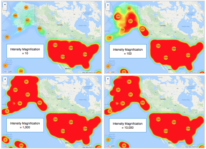 comparison of intensity magnifications on google maps