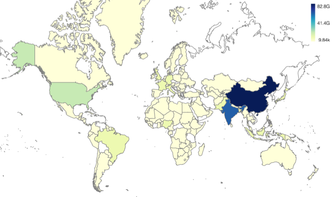 Choropleth word population map, with continuous legend on right side