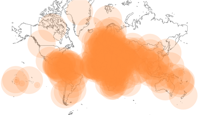 World Map of Life Expectancy as Bubble Marks