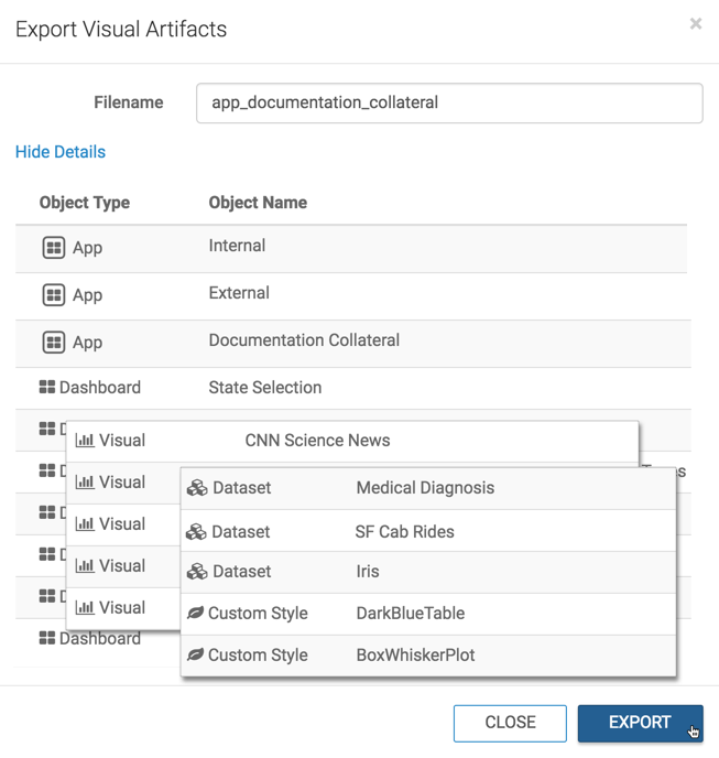Export Visual Artifacts modal, app and its dependencies