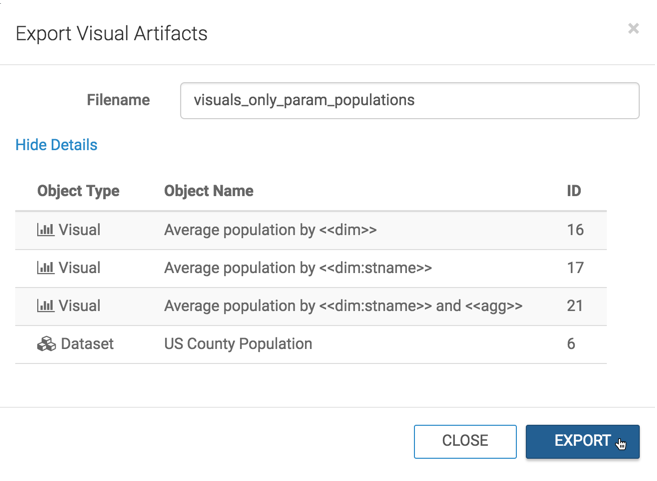Export Visual Artifacts modal, visuals and their dependiencies