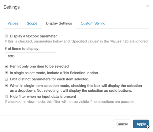 Display Settings for a Single-Select Filter with Drop-down Menu and 'No Selection' Option