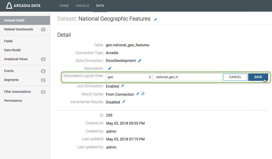 associating logical view with dataset