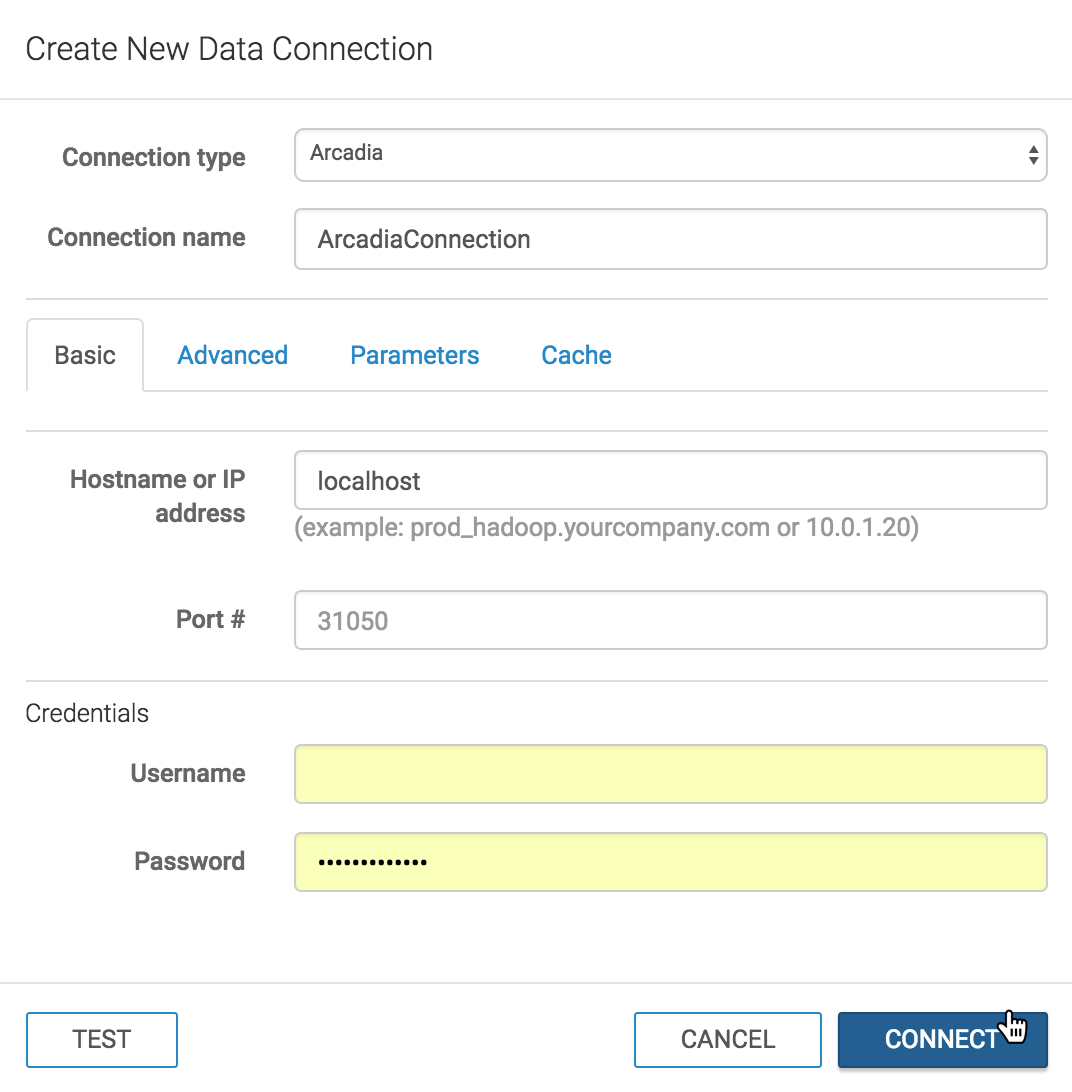 Create New Data Connection Modal Window: Arcadia