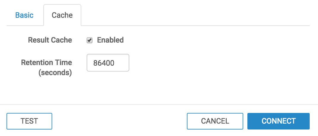 Cache tab, specifying Result Cache Enable and Retention Time options