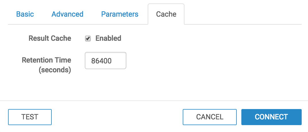 Cache tab, specifying Result Cache Enable and Retention Time options