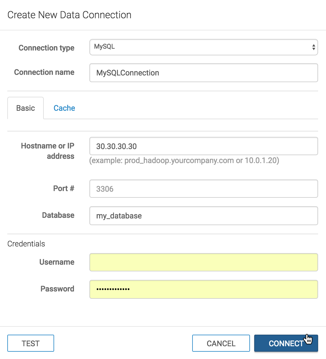 Create New Data Connection Modal Window: MySQL