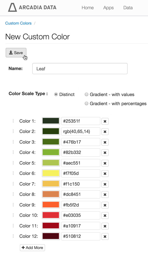 viewing the twelve distinct colors added to the custom color