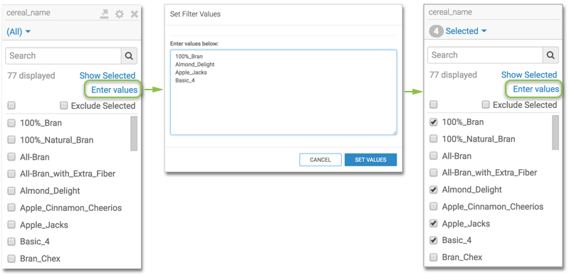 entering values manually in the Set Filter Values modal window