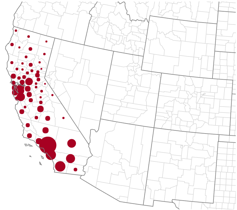 County Population Map with Bubbles, California
