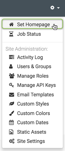 Administration menu; shows Set Homepage (active)