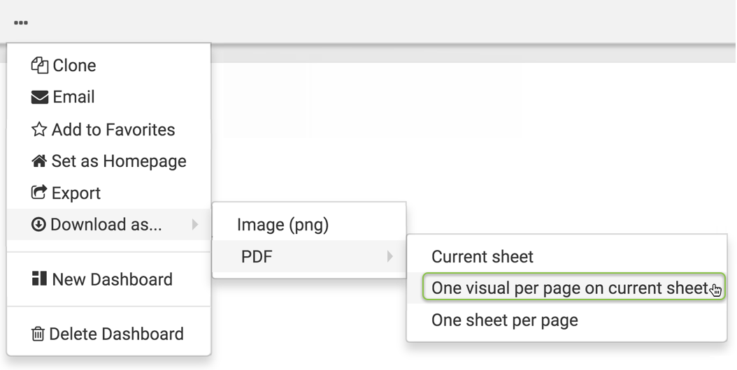 Select the "one visual per page of the current sheet" option from the PDF secondary menu