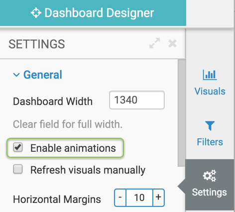 Selecting the 'Enable animations' option in a dashboard