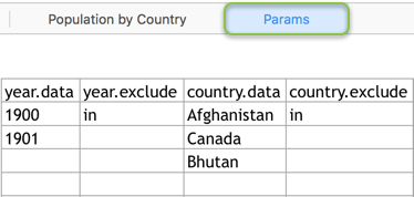 Generated Excel file showing the parameters defined in the visual