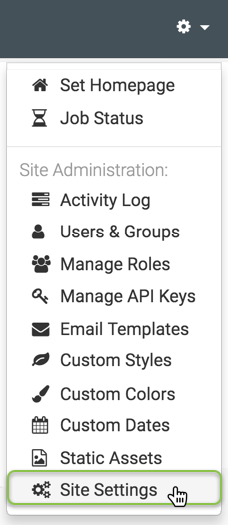 Administration menu; shows Set Homepage and Job Status, Site Administration that includes Activity Log, Users & Groups, Manage Roles, Manage API Keys, Email Templates, Custom Styles, Custom Colors, Custom Dates, Static Assets, and Site Settings (active)