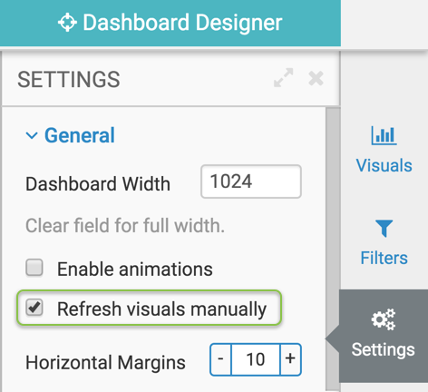 Selecting the 'Refresh visuals manually' option in a dashboard
