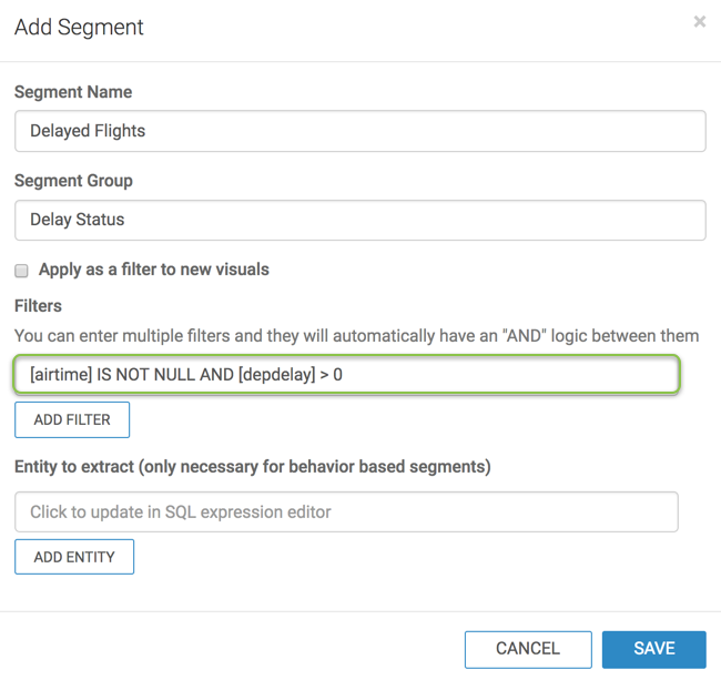 Displaying the Add Segment Modal window with values for the new segment