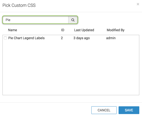 Manage Custom Styles interface, displaying the filtered "Pie Chart Legend Labels" custom style