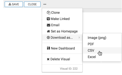 Selecting the (ellipsis) icon at the top of the interface, clicking Download as..., and then selecting CSV from the secondary menu.