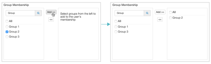 Using Search to Assign the User to Groups, in New User and Edit User Modals