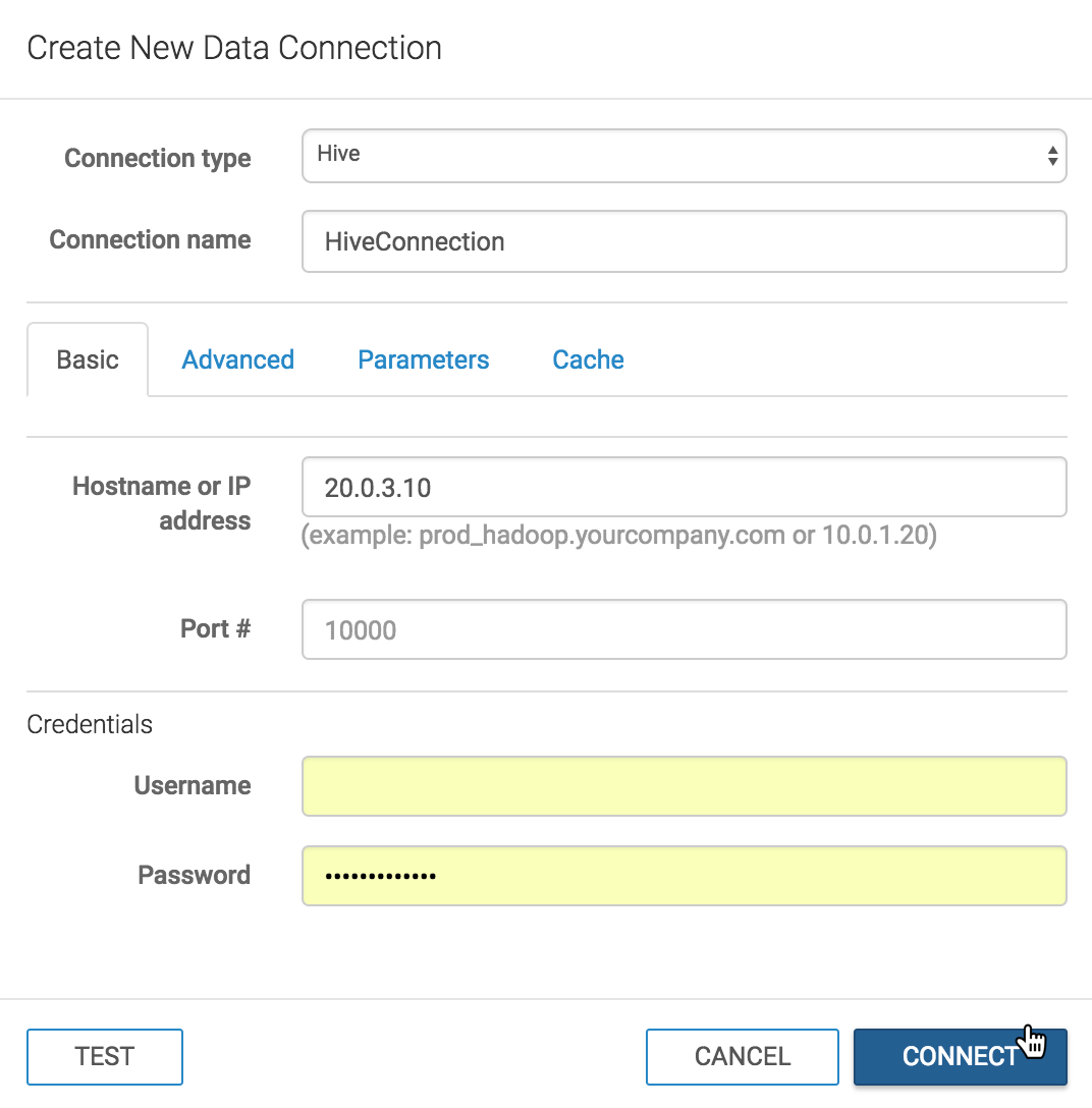 Create New Data Connection Modal Window: Hive
