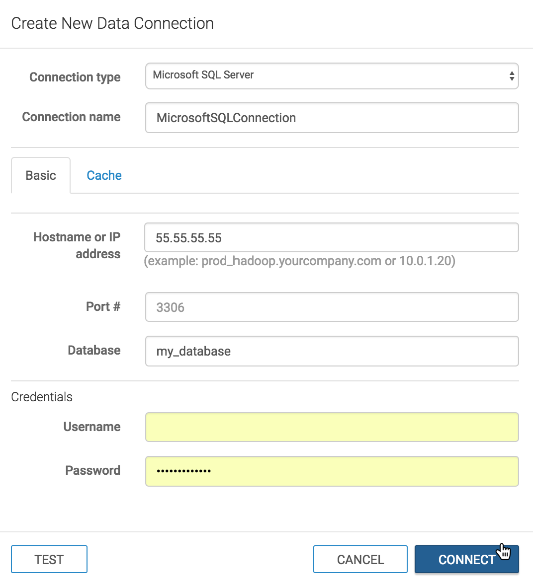 Create New Data Connection Modal Window: Microsoft SQL Server