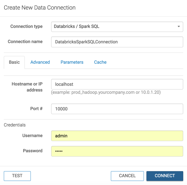 Create New Data Connection Modal Window: Databricks / Spark SQL