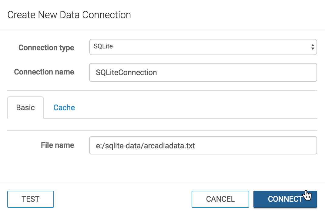 Create New Data Connection Modal Window: SQLite
