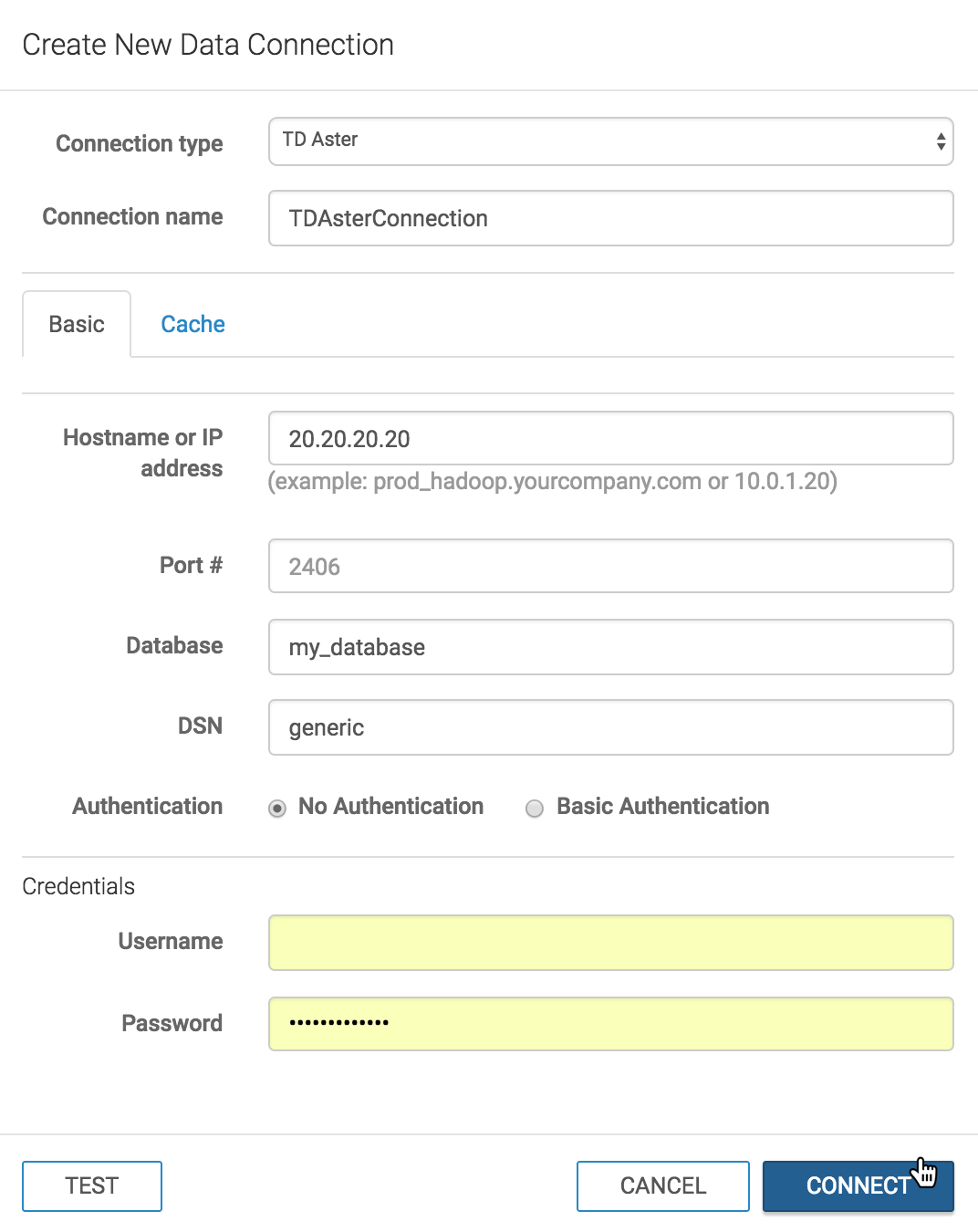 Create New Data Connection Modal Window: TD Aster